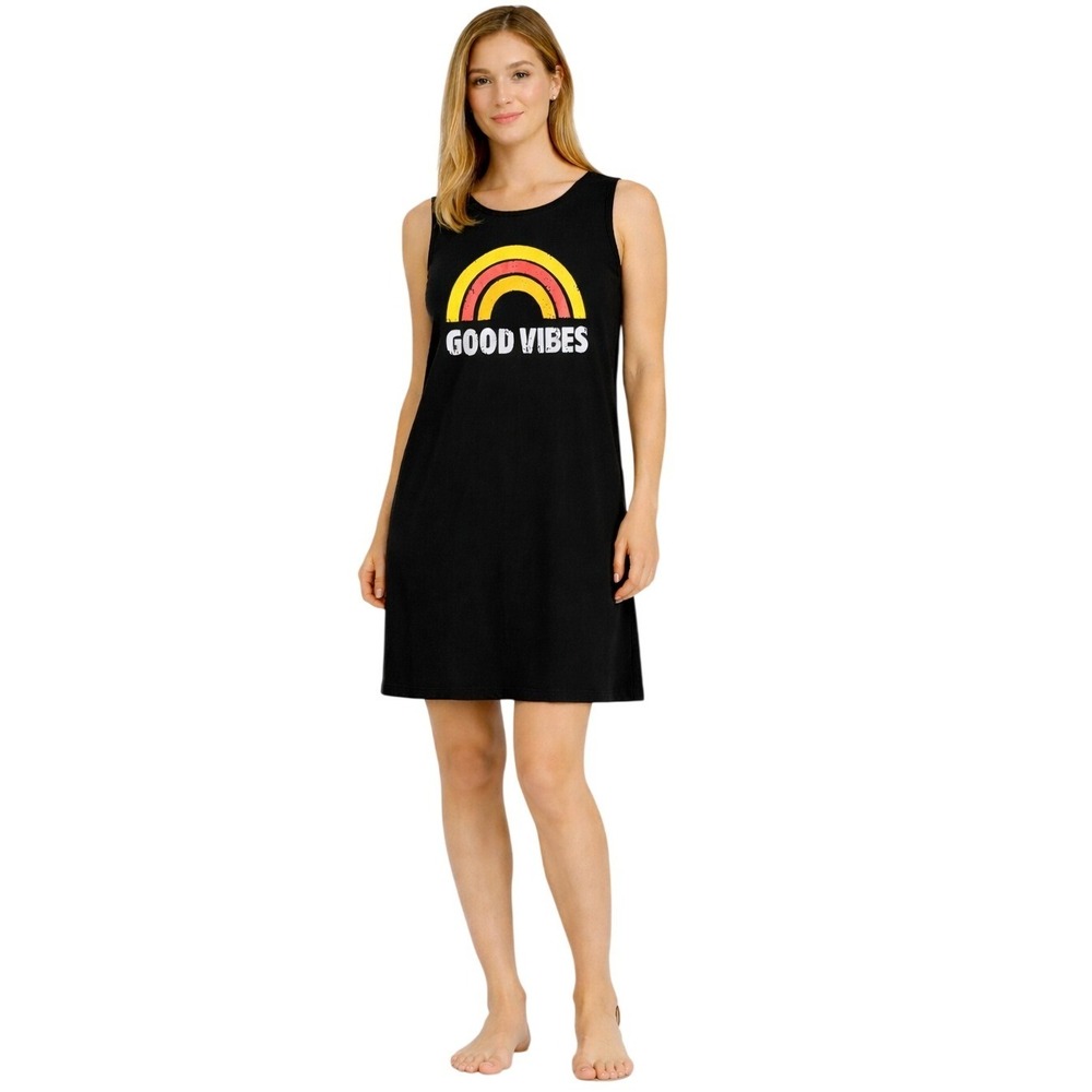 Good Vibes‎ Graphic Dress Womens M Black Rainbow Retro Shift Mini